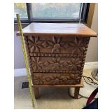Handcrafted Wooden Chest of Drawers with Intricate Tramp Art Carving
