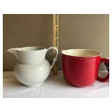 Ceramic Pitcher, Red Jug, and Blue Patterned Bowl Set
