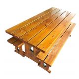 P - Wooden Pine Table with Two Benches and Tree Cutout Detail