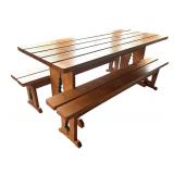 P - Wooden Pine Table with Two Benches and Tree Cutout Detail