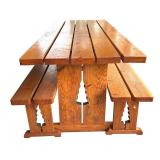 P - Wooden Pine Table with Two Benches and Tree Cutout Detail