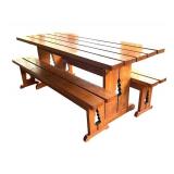 P - Wooden Pine Table with Two Benches and Tree Cutout Detail