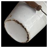 P - Vintage White Enamel Metal Bucket with Lid and Wooden Handle