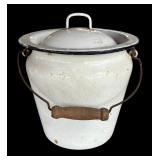 P - Vintage White Enamel Metal Bucket with Lid and Wooden Handle