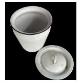 P - Vintage White Enamel Metal Bucket with Lid and Wooden Handle