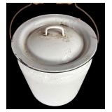 P - Vintage White Enamel Metal Bucket with Lid and Wooden Handle