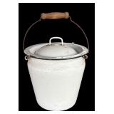 P - Vintage White Enamel Metal Bucket with Lid and Wooden Handle