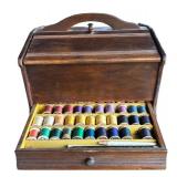 P - Vintage Wooden Sewing Box with Assorted Thread Spools