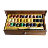 P - Vintage Wooden Sewing Box with Assorted Thread Spools