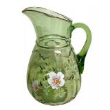 P - Vintage Hand Painted Green Pitcher with 4 Floral Glasses