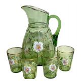 P - Vintage Hand Painted Green Pitcher with 4 Floral Glasses