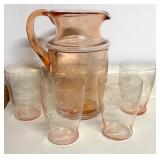 P - Vintage Etched Pink Depression Glass Pitcher with 4 Matching Glasses