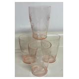P - Vintage Etched Pink Depression Glass Pitcher with 4 Matching Glasses
