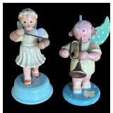 P - Set of 6 Vintage Wooden Angel Musician Figurines with Blue Wings