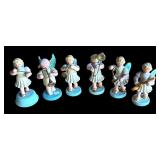 P - Set of 6 Vintage Wooden Angel Musician Figurines with Blue Wings