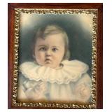 P - Antique Framed Portrait Print of Child with Lace Collar
