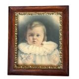 P - Antique Framed Portrait Print of Child with Lace Collar