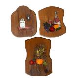 P - Set of 3 Vintage Wooden Wall Plaques with Painted Kitchen Scenes