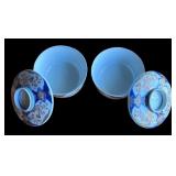 P - Pair of Vintage Asian Style Covered Rice Bowls with Floral Motif