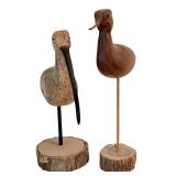 LR - Pair of Vintage Wooden Bird Sculptures with Natural Wood Bases