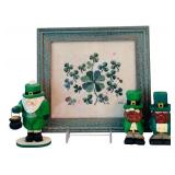 DR - Framed Shamrock Cross-Stitch with 3 Hand-Carved Leprechaun Figurines