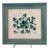 DR - Framed Shamrock Cross-Stitch with 3 Hand-Carved Leprechaun Figurines