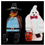 DR - Collection of Fall and Halloween Decor Including Carved Figures and Ceramic Turkeys