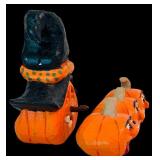 DR - Collection of Fall and Halloween Decor Including Carved Figures and Ceramic Turkeys