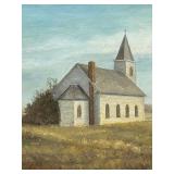 LR - Oil Painting A Prairie Church by Pearl Charlson in Ornate Gold Frame