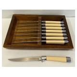 LR - Set of 8 Carvel Hall Stainless Steel Steak Knives with Cream Handles in Wooden Tray