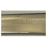 LR - Set of 8 Carvel Hall Stainless Steel Steak Knives with Cream Handles in Wooden Tray