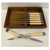 LR - Set of 8 Carvel Hall Stainless Steel Steak Knives with Cream Handles in Wooden Tray