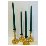 LR - Set of 4 Brass Taper Candle Holders with Green Candles, Tallest 7 Inches