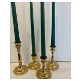 LR - Set of 4 Brass Taper Candle Holders with Green Candles, Tallest 7 Inches