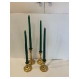 LR - Set of 4 Brass Taper Candle Holders with Green Candles, Tallest 7 Inches