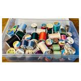 LL - Collection of Assorted Sewing Thread Spools in Storage Box
