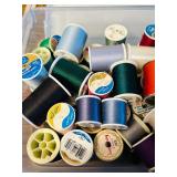 LL - Collection of Assorted Sewing Thread Spools in Storage Box