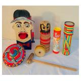 LL - Collection of Vintage Wooden and Plastic Toys Including Puppet Bank, Daruma Otoshi, Pickup Sticks, and Kaleidoscope
