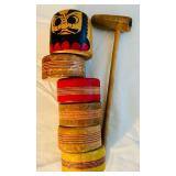LL - Collection of Vintage Wooden and Plastic Toys Including Puppet Bank, Daruma Otoshi, Pickup Sticks, and Kaleidoscope