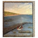 LL - Pearl Charlson Framed Lake Dock and Boat Original Oil Painting
