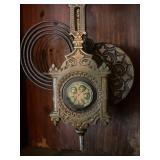 LL - Antique Wooden Mantel Clock with Ornate Glass and Key
