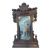 LL - Antique Wooden Mantel Clock with Ornate Glass and Key
