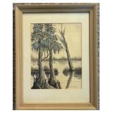 LL - Signed 1961 Framed Swamp Landscape Painting by Pearl Charlson