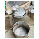 LR - Vintage Camp Cookware Collection with Cast Iron, Percolator, Lantern, and Steamer Kettle