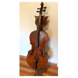 Vintage Cello with Bow and Wooden Stand