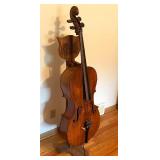 Vintage Cello with Bow and Wooden Stand