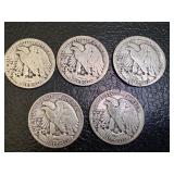 Set of 5 Walking Liberty Half Dollar Coins 1917, 1927 and 1947