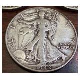 Set of 3 1942 Walking Liberty Half Dollar Coins: 1942, 1942-D, 1942-S