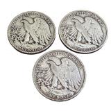 Set of 3 1942 Walking Liberty Half Dollar Coins: 1942, 1942-D, 1942-S