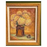 Pearl Charleston Still Life Oil Painting Copper Milk Pail with Flowers, Framed